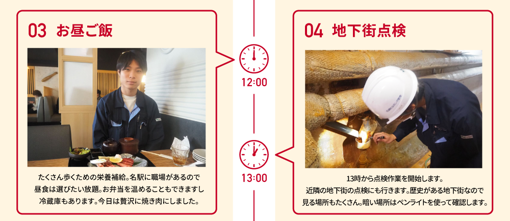 12:00 03 お昼ご飯 たくさん歩くための栄養補給。名駅に職場があるので昼食は選びたい放題。お弁当を温めることもできますし冷蔵庫もあります。今日は贅沢に焼き肉にしました。　13:00 04 地下街点検 13時から点検作業を開始します。近隣の地下街の点検にも行きます。歴史がある地下街なので見る場所もたくさん。暗い場所はペンライトを使って確認します。