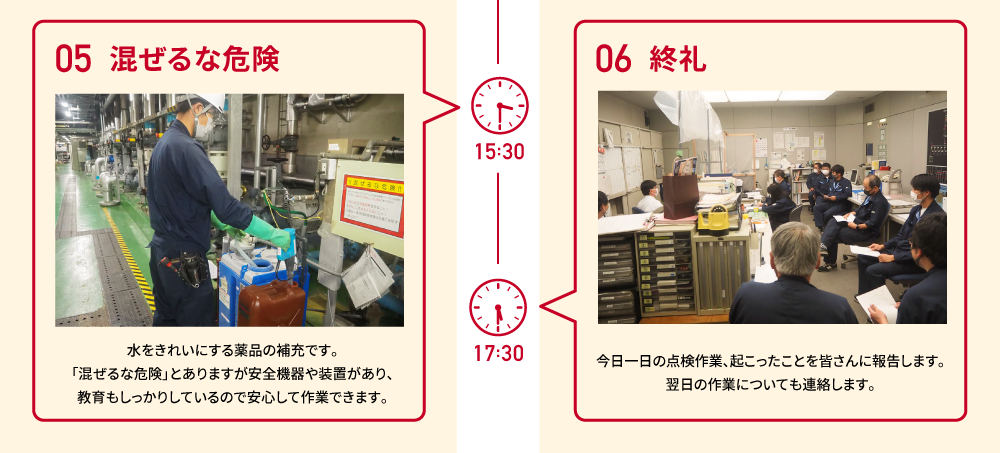 15:30 05 混ぜるな危険 水をきれいにする薬品の補充です。「混ぜるな危険」とありますが安全機器や装置があり、教育もしっかりしているので安心して作業できます。 17:30 06 終礼 今日一日の点検作業、起こったことを皆さんに報告します。翌日の作業についても連絡します。