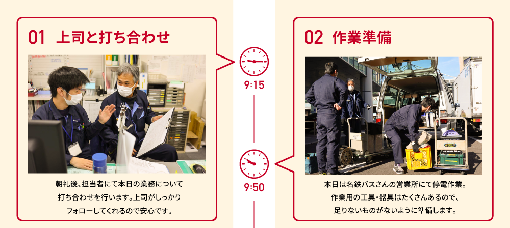 9:15　01 上司と打ち合わせ　朝礼後、担当者にて本日の業務について打ち合わせを行います。上司がしっかりフォローしてくれるので安心です。　9:50　02 作業準備　本日は名鉄バスさんの営業所にて停電作業。作業用の工具・器具はたくさんあるので、足りないものがないように準備します。