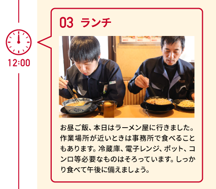 12:00　03 ランチ　お昼ご飯、本日はラーメン屋に行きました。作業場所が近いときは事務所で食べることもあります。冷蔵庫、電子レンジ、ポット、コンロ等必要なものはそろっています。しっかり食べて午後に備えましょう。